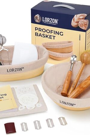 Banneton Proofing Basket Set of 2, 10 Inch Round & Oval Cane Bread Proofing Baskets with Sourdough Bread Baking Supplies, Bread Making Kit