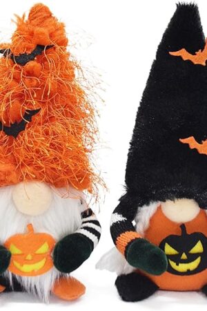 Attiigny Halloween Gnome Decorations,2 PCS Handmade Pumpkin Bat Ornaments Swedish Tomte Nordic Plush Elf Doll Nisse Adorable Gnome for Halloween Party Home and Office Decor