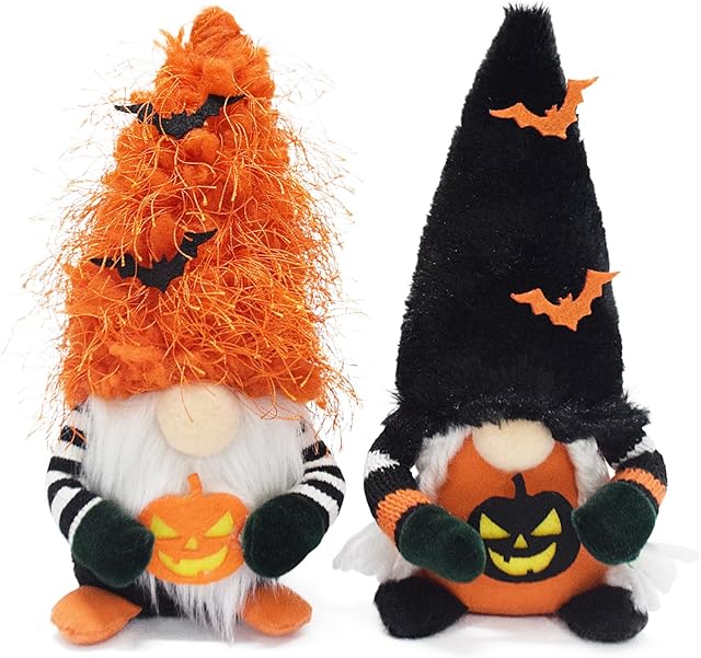 Attiigny Halloween Gnome Decorations,2 PCS Handmade Pumpkin Bat Ornaments Swedish Tomte Nordic Plush Elf Doll Nisse Adorable Gnome for Halloween Party Home and Office Decor