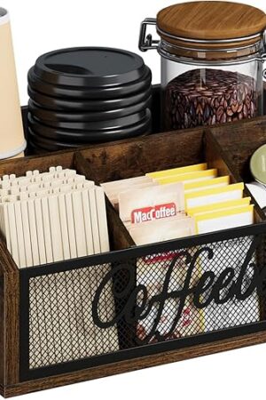 YINMIT Coffee Station Organizer for Countertop, Wood Coffee Bar Organizer with Removable Dividers for Pods, Syrup, Cups, Stirrer, Tea - Office Coffee Bar Accessories