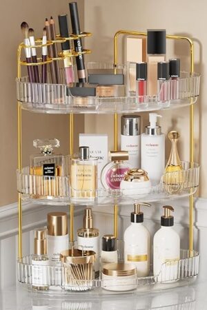 3-Tier Corner Bathroom Counter Organizer Makeup Cosmetic Storage, Tool-Free Installation Acrylic Vanity Shelf, Countertop Storage Organizers Perfume Tray for Bathroom, Dresser, Kitchen (Clear)