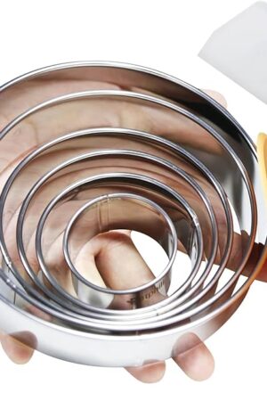 8 Piece Round Cookie Cutter & Scraper Set - 6 Stainless Steel Biscuit Cutters (2, 3, 3.5, 4, 5, 6 Inch) with Hard & Flexible Plastic Dough Scrapers - Baking Tools for Pastry, Donuts, Fondant