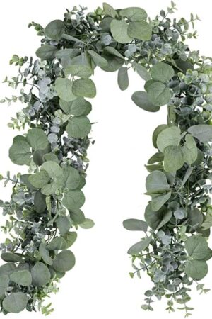 Winlyn 5.9' Long Faux Silver Dollar Eucalyptus Leaves Greenery Artificial Garland in Grey Green for Wedding Arch Swag Backdrop Doorways Table Runner Indoor Outdoor