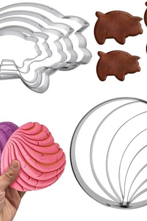 Concha Cutter Mexican bread mold with 5 sizes of pig biscuit cutting machine set, Concha Stamp double-sided mold for baking biscuits (Single sided mold+5 pigs)