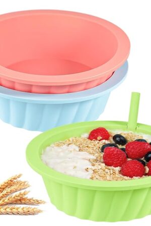 Webake Silicone Cereal Bowl with Straw, 20oz Unbreakable Bowls for Soup, Milk, Yogurt, Reusable, Microwave & Dishwasher Safe, Pack of 3