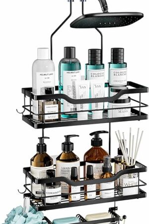 Consumest Shower Caddy Over Head with Soap Holder, No Drilling Hanging Shower Organizer Shelf with 4 Movable Hooks, Rustproof & Waterproof Storage Rack for Bathroom, Black