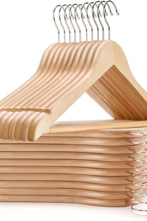 Amber Home 30 Pack Wooden Coat Hangers, Natural Wood Suit Hangers with Non Slip Pant Bar, Clothes Hangers for Shirts, Jackets, Dress, Pant (Natural, 30)
