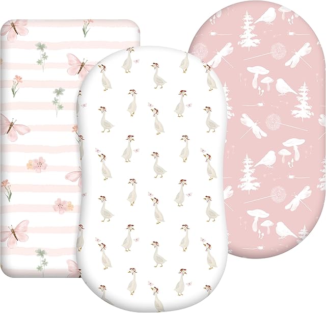 3-Pack Organic Bassinet Sheets for Girls Stretch, Soft Cozy Fitted Bassinet Mattress Sheet (32" x 16") Universal Fit for Hourglass, Oval, & Rectangle Mattresses Pink Butterfly