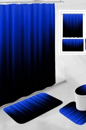 4 Pcs Royal Blue and Black Gradient Shower Curtain Set with Rugs and Toilet Lid Cover, Modern Simple Waterproof Fabric Bathroom Set, Ombre Stripe Gothic Abstract Bathroom Decor Set Accessories