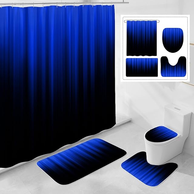 4 Pcs Royal Blue and Black Gradient Shower Curtain Set with Rugs and Toilet Lid Cover, Modern Simple Waterproof Fabric Bathroom Set, Ombre Stripe Gothic Abstract Bathroom Decor Set Accessories