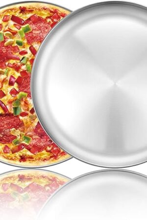 Deedro Pizza Baking Pan 12 Inch Stainless Steel Round Tray - Oven Sheet, Crisper, Healthy Cooking Pan for Pizza, 2 Pack