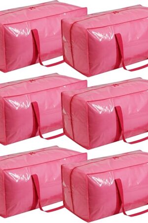 6 Pack Extra Heavy Duty Large Moving Bags with Comfortable Handle & Strong Zipper,Storage Totes for Space Saving Moving Storage College Supplies Alternative to Moving Box,Pink