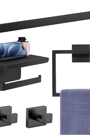5-Pieces Matte Black Bathroom Accessories Set, Bathroom Hardware Set, SUS 304 Stainless Steel,16 Inch Towel Bar, Towel Holder, Updated Toilet Paper Holder Wall Mounted