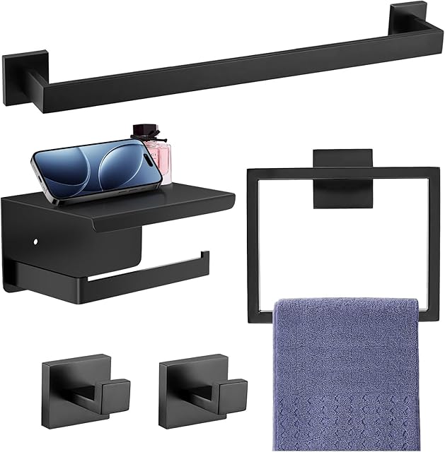 5-Pieces Matte Black Bathroom Accessories Set, Bathroom Hardware Set, SUS 304 Stainless Steel,16 Inch Towel Bar, Towel Holder, Updated Toilet Paper Holder Wall Mounted