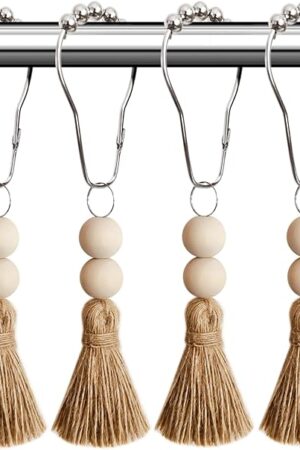 Boho Shower Curtain Hooks Rings Rustproof, CHICTIE Nautical Decorative Shower Curtain Rings with Handmade Wood Beads Tassel, Farmhouse Home Bathroom Bedroom Baby Room Decor Set of 12 (Natural Jute)