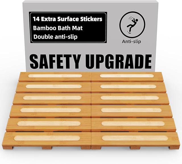 Bamboo Bath Mat for Shower, Dual Anti-Slip for Surface & Bottom, Waterproof Foldable Shower Mat, Easy to Carry and Storage, Perfect for Indoor Outdoor ( Natural, 20.86×13.77×1.14 Inches)