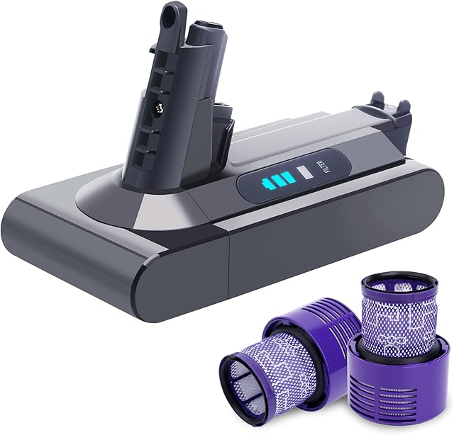 Biswaye Powerful Upgraded 25.2V 5.0Ah V10 Replacement Battery Compatible with Dyson Cyclone V10 SV12, V10 Animal, V10 Absolute, V10 Allergy Cordless Vacuum Batteries, Comes with 2 Filters