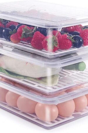77L Food Storage Container, (3-Pack) Plastic Food Containers with Removable Drain Plate and Lid, Stackable Portable Freezer Storage Containers - Tray to Keep Fruits, Vegetables, Meat and More (Large)