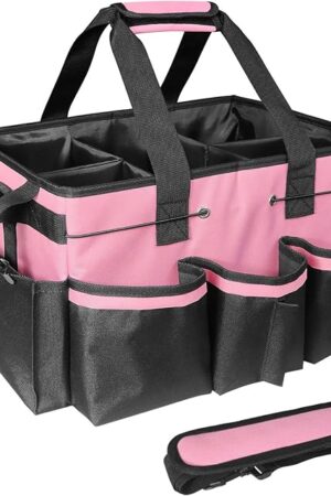 Cleaning Bags for Housekeepers, Large Cleaning Supplies Organizer with Handles & Shoulder Strap, Cleaning Caddy Bag with Foldable Divider for Cleaners, Car Horse Cleaning Bag(Pink)