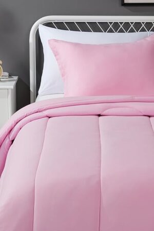 Amazon Basics 2 Piece Soft Microfiber Kid's Comforter and Pillow Sham Set, Twin, Light Pink, Solid