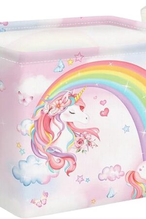 Clastyle Collapsible Large Rainbow Unicorn Baby Girl Basket Pink Flower Cloud Butterfly Book Shelf Basket with Handle Rectangle Toy Clothes Cube Storage Basket for Kids Room Nursery