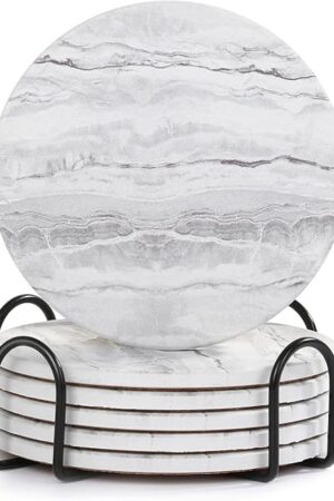 Acejoz Drink Coasters with Holder for Coffee Table, Absorbent Coaster Set of 6, Marble Style Ceramic Coaster for Wooden Table, Suitable for Kinds of Cups, Home Decor, 4 Inches