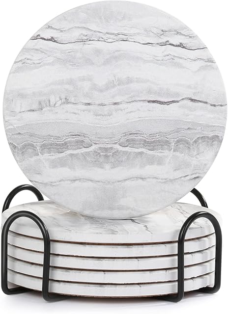 Acejoz Drink Coasters with Holder for Coffee Table, Absorbent Coaster Set of 6, Marble Style Ceramic Coaster for Wooden Table, Suitable for Kinds of Cups, Home Decor, 4 Inches