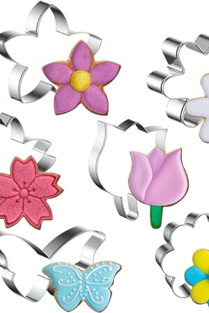 6PCS Flower Cookie Cutter Set, 3 Inches Flower Shaped Cookie Cutter-Daisy, Tulip, 3 Shaped of Flowers, Butterfly, Stainless Steel Cookie Cutters, Baking Tool for Homemaking Cookie