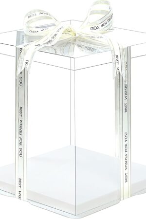 5 Pcs, 12'x12'x11' inch Food Grade Clear Plastic Display Boxes, 29.4 x 29.4 x 25 cm with Ribbon, for Cakes, Bakeries, Desserts, Birthday, Christmas and Thanksgiving