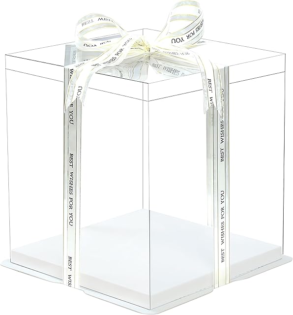 5 Pcs, 12'x12'x11' inch Food Grade Clear Plastic Display Boxes, 29.4 x 29.4 x 25 cm with Ribbon, for Cakes, Bakeries, Desserts, Birthday, Christmas and Thanksgiving