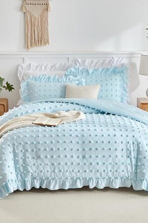 Boho Ruffle Comforter Set Tufted Dots Pom Pom Tufts Bohemian for Kids
