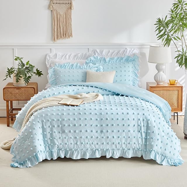 Boho Ruffle Comforter Set Tufted Dots Pom Pom Tufts Bohemian for Kids