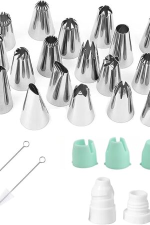 18Pcs Large Piping Tips and Couplers Set for Piping Bgs, Stainless Steel Cake Decorating Piping Tips for Cupcake Puff Cookie - 2Pcs Cleaning Brush