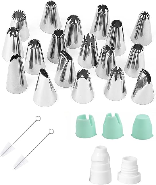 18Pcs Large Piping Tips and Couplers Set for Piping Bgs, Stainless Steel Cake Decorating Piping Tips for Cupcake Puff Cookie - 2Pcs Cleaning Brush