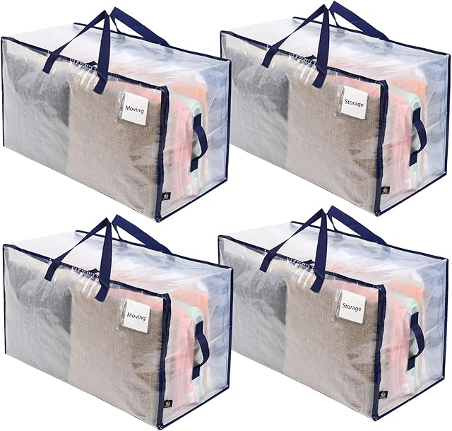 VENO 4 Pack Moving and Storage Bags, Heavy Duty, Alternative to Moving Boxes, Large Packing Totes Supplies for College Dorm Room with Zipper for Clothes, Wide Open Design (Clear, 4 Pack)