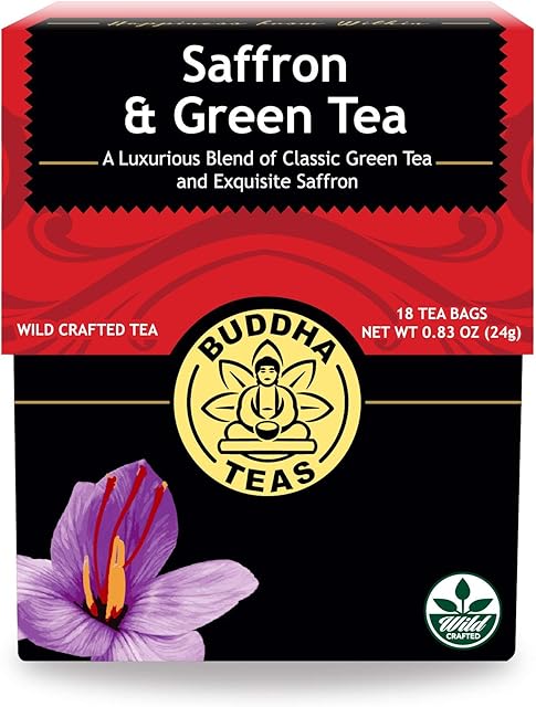 Buddha Teas - Saffron & Green Tea - For Health & Wellbeing - Wild Crafted Tea - With Antioxidants & Minerals - Clean Ingredients - Caffeinated - OU Kosher - 18 Tea Bags (Pack of 1)
