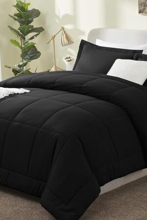 CozyLux Queen Size Comforter Sets - Black Comforter Queen Size, 3 Pieces Box Stitched Soft Lightweight Bed Set, All Season Bedding Sets with 1 Down Alternative Comforter and 2 Pillow Shams