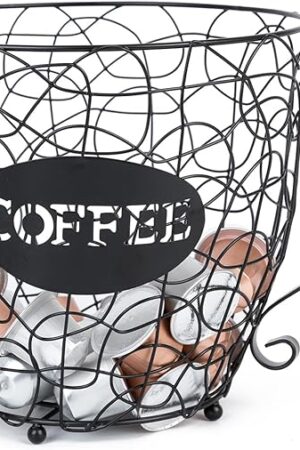 Coffee Pod Holder, Super Large Capacity K-Cup & Nespresso Capsule Basket, XL Metal Kcup Storage, Bar Organizer for Kitchen Dinning Room Office Home Cafe Hotel (Black-Round-Cup)