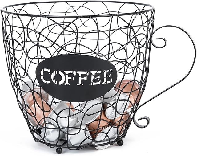 Coffee Pod Holder, Super Large Capacity K-Cup & Nespresso Capsule Basket, XL Metal Kcup Storage, Bar Organizer for Kitchen Dinning Room Office Home Cafe Hotel (Black-Round-Cup)
