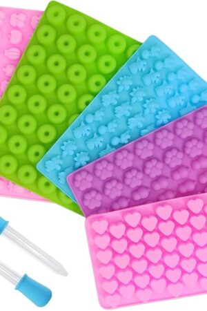 5PCS Mini Gummy Silicone Molds with 2 Droppers, Gummies Molds Silicone, Candy Molds Silicone Easy to Clean, Gummy Molds for Edibles
