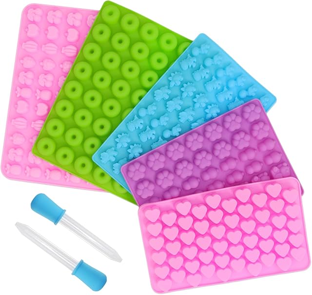 5PCS Mini Gummy Silicone Molds with 2 Droppers, Gummies Molds Silicone, Candy Molds Silicone Easy to Clean, Gummy Molds for Edibles