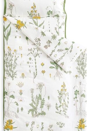 Wake In Cloud - Toddler Nap Mat with Pillow and Blanket, 100% Cotton Fabric, for Kids Girls in Daycare Kindergarten Preschool, Floral Botanical Flowers, White Yellow Green, Standard