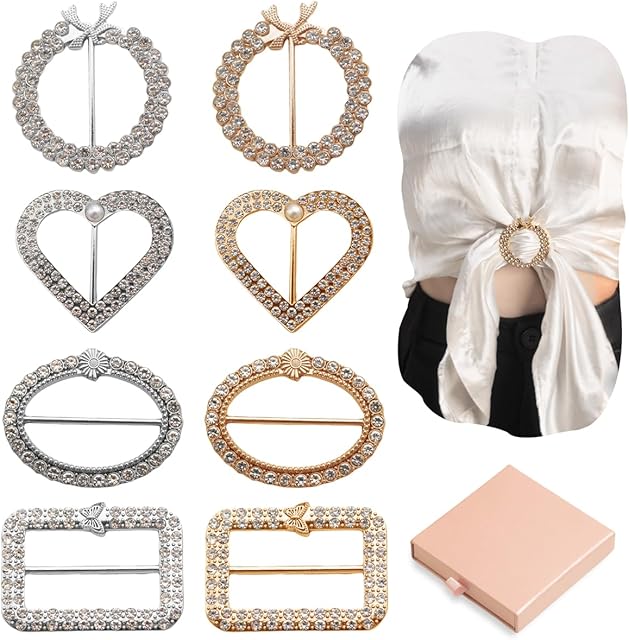 8 Pack Scarf Ring Clip,Shirt Clips for Women Clothing,Fashion Metal Shirt Ties Clips for Women, Cinch Clips for Loose Clothes Corner Knotted Button with 1 Gift Box Packing