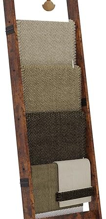 6 Tier Blanket Ladder Shelf for Living Room and Bedroom, Ladder Holder with 4 Metal Hooks, 5.2ft Blanket Quilt Holder Rack, Farmhouse Ladder Rack for Storage and Home Decor, Rustic Brown
