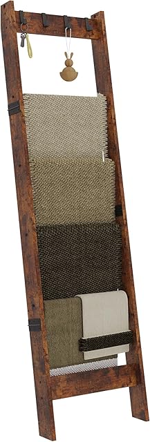 6 Tier Blanket Ladder Shelf for Living Room and Bedroom, Ladder Holder with 4 Metal Hooks, 5.2ft Blanket Quilt Holder Rack, Farmhouse Ladder Rack for Storage and Home Decor, Rustic Brown