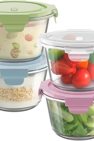 4 PCS Glass Meal Prep Containers, Airtight 2-Cup Glass Storage Containers with Lids, Heat-Resistant BPA-Free Borosilicate Glass Soup Containers for Leftover. Microwave, Dishwasher and Freezer Safe