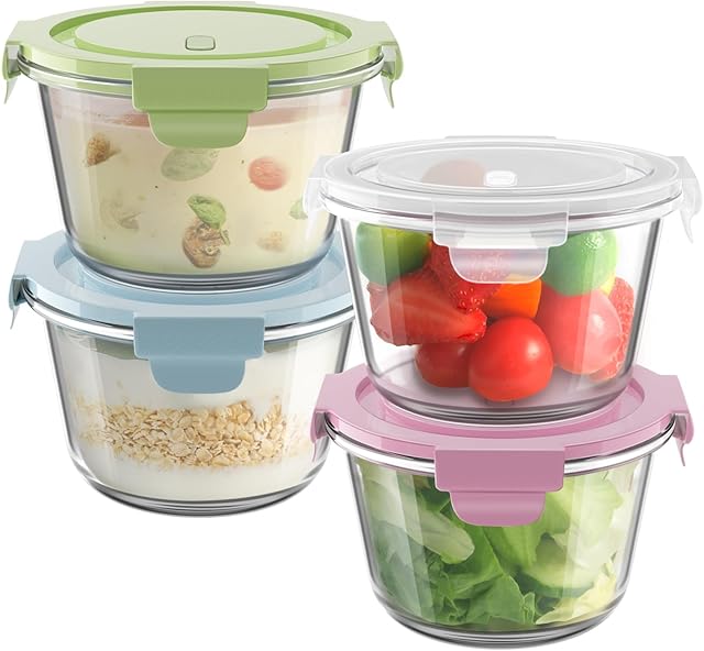 4 PCS Glass Meal Prep Containers, Airtight 2-Cup Glass Storage Containers with Lids, Heat-Resistant BPA-Free Borosilicate Glass Soup Containers for Leftover. Microwave, Dishwasher and Freezer Safe