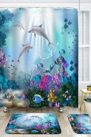 Yizheer 4Pcs Sea Dolphin Coral Shower Curtain Sets with Rugs,Toilet Lid Cover and Bath Mat, Ocean House Curtains Bathroom Decor Set