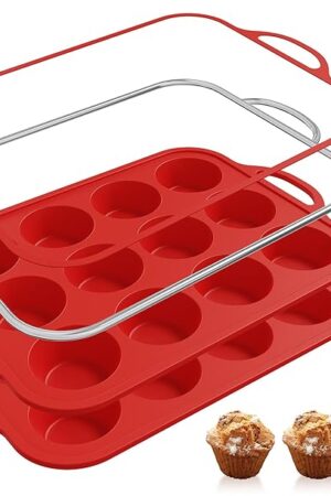2 Packs 12 Cups Silicone Muffin Pan for Baking with Metal Reinforced Frame Regular Size Cupcake Pan Tray Egg Bites Silicone Cookie Molds Muffin Tin Tart Pans Sheet Set for Oven Dishwasher Safe