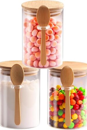 3 Pcs 20oz Clear Glass Jars with Airtight Bamboo Lids & Spoons, Food Storage Containers for Dry Goods, Bath Salts, Soaps